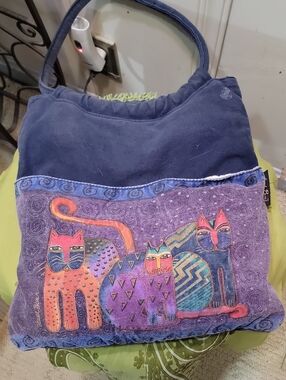 Laurel Burch Purple Cat Motif Fabric Shoulder Bag